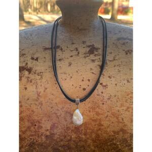 Lucas Lameth Black Leather and Baroque Pearl Necklace